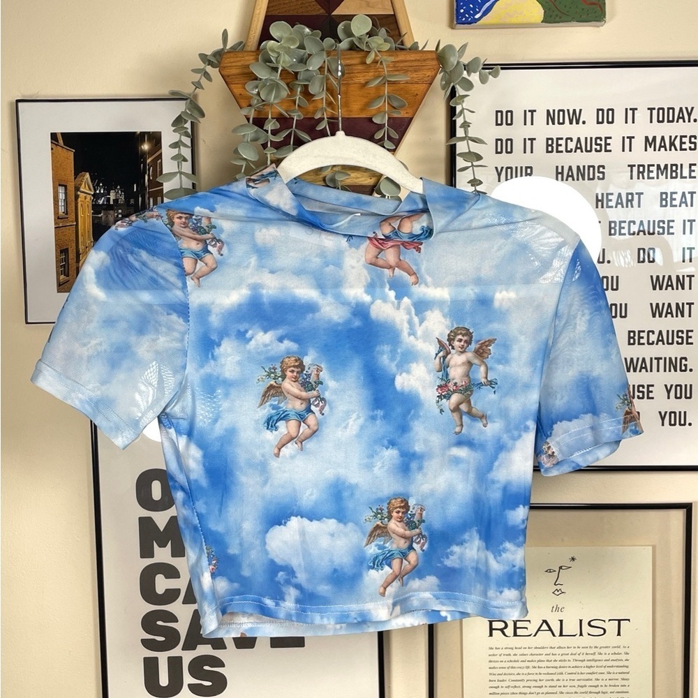 Angel Print Mesh Baby Tee - Women’s Size Medium